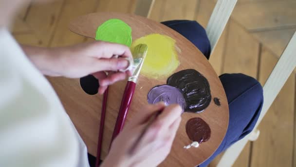 Sanatçı paleti. Kadın ressam boya fırçasını karıştırır — Stok video