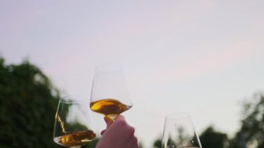Bir grup insan gün batımında şarap kadehlerine tezahürat eder. Partideki arkadaşlar, yaz mevsimi. Kutlama ve tebrikler. Açık Hava Festivali