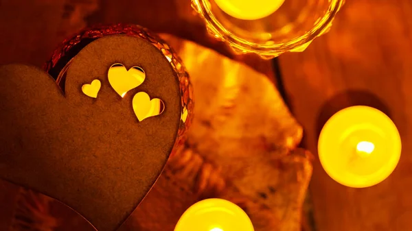 Cuore Legno Candele Tela Tavole Legno Biglietto Auguri San Valentino — Foto Stock