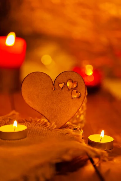 Cuore Legno Candele Tela Tavole Legno Biglietto Auguri San Valentino — Foto Stock