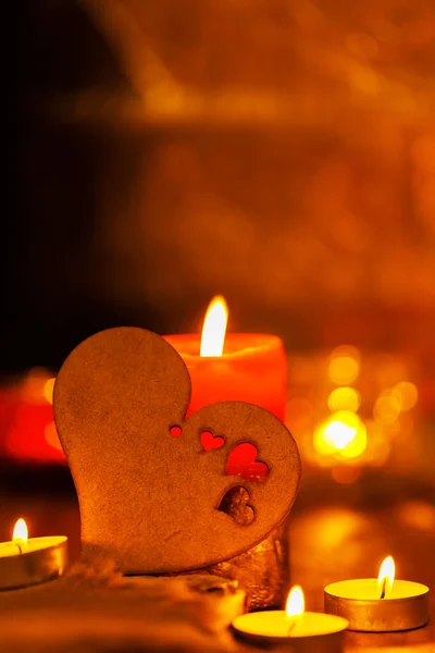 Cuore Legno Candele Tela Tavole Legno Biglietto Auguri San Valentino — Foto Stock