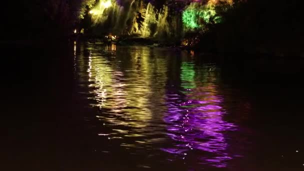 Waterfall Illuminated Neon Light Colored Lights Reflected Water Falling Water — Stock Video