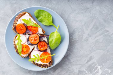 Krem peynirli, kiraz domatesli ve gri tabakta turplu lezzetli tost sandviçler. Krem peynirli sandviçler ve gri arka planda taze otlar. Uzayı kopyala Üst görünüm