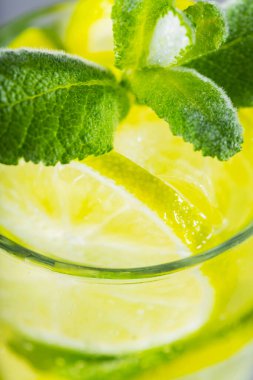 Mojito, karanlık arka planda yakın plan. Buzlu limon dilimi ve naneli mojito. Limonlu, naneli ve buzlu içecek. Yazın soğuk içecek.