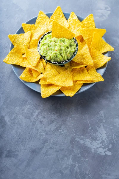 Meksika soslu guacamole ve bir tabak nacho cipsi. Gri arka planda cipsli bir kase guacamole. Uzayı kopyala Düz yatıyordu