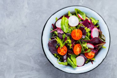 Gri arka planda yeşillik karışımı salata. Kiraz domatesli, turplu ve karışık salatalı sağlıklı sebze salatası. Boşluğu kopyala