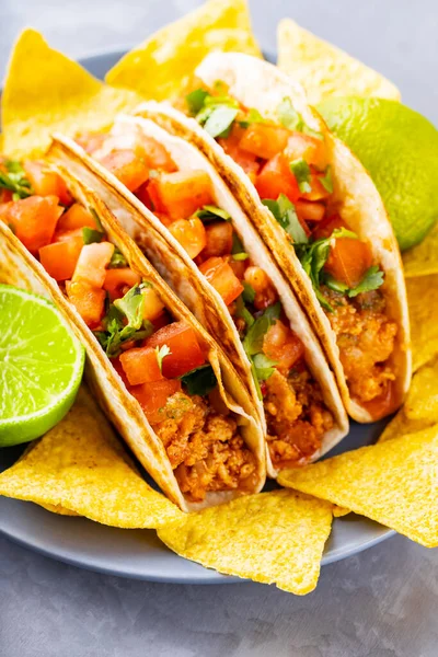 プレートの上にメキシコのタコスとナチョのチップス 灰色の背景にタコスとトルティーヤチップ ヒスパニック系メキシコ料理 コピースペース — ストック写真