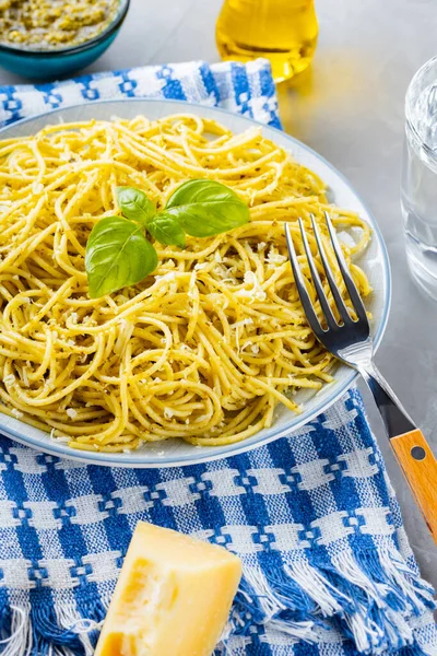 Pasta Sauce Pesto Ingredients Spaghetti Pesto Sauce Basil Gray Background — Stock Photo, Image