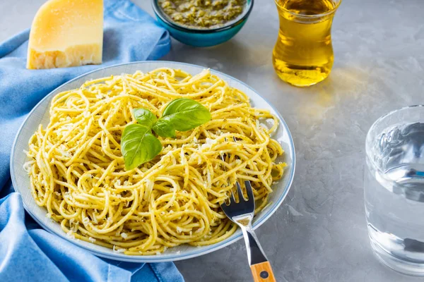 Italian Pasta Sauce Pesto Ingredients Spaghetti Pesto Sauce Basil Gray — Stock Photo, Image