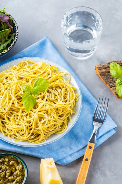 Italian Pasta Sauce Pesto Ingredients Spaghetti Pesto Sauce Basil Gray — Stock Photo, Image