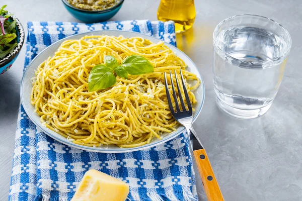 Pasta Sauce Pesto Ingredients Spaghetti Pesto Sauce Basil Gray Background — Stock Photo, Image