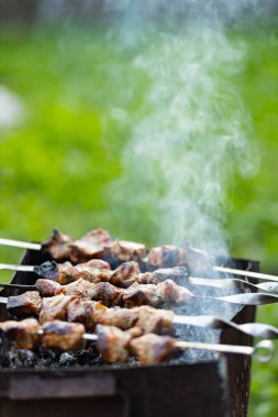 Et, mangalda şişte kızartılır. Duman içinde ızgara et. Kır evinde ızgara kebap. Boşluğu kopyala