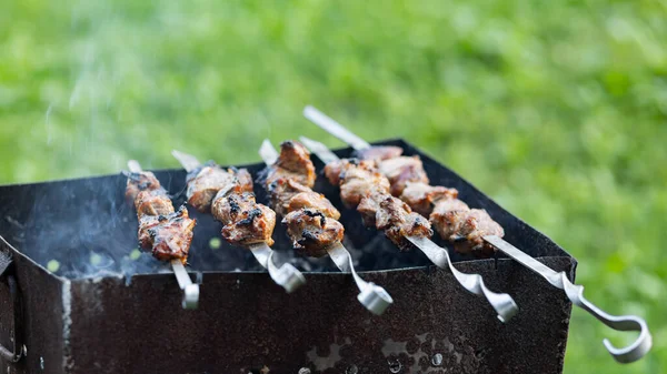 Barbecue Meat Skewers Cooking Shashlik Mangal Nature Grilled Kebab Cooking — Stock Photo, Image