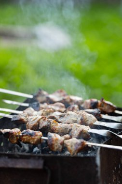 Et, mangalda şişte kızartılır. Duman içinde ızgara et. Kır evinde ızgara kebap. Boşluğu kopyala