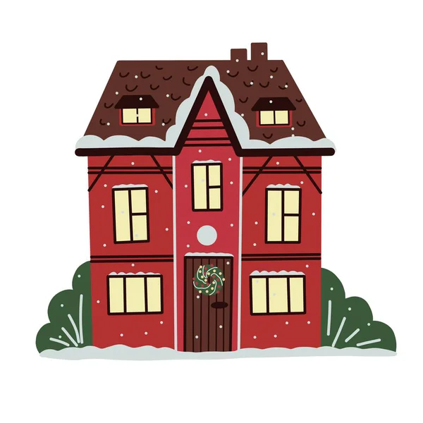 Karla kaplı sıcacık kırmızı Noel evi, çelenkli ve parlayan pencereli güzel kış evi..