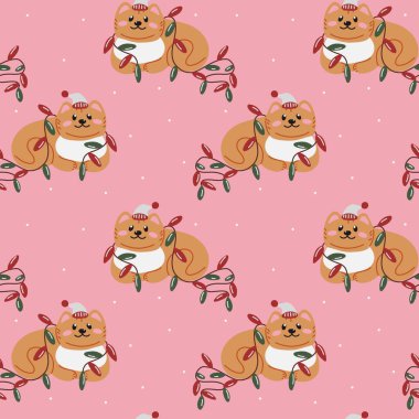 Sonbahar Kış Kedileri Çocuk Ürünleri ve Konforlu Mevsimlik Tasarım İçin Kusursuz Desenli Çizim.