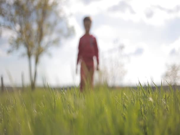 女孩走在草地上 — 图库视频影像