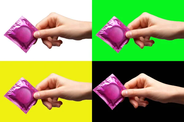 Kondom Handen Gul Grön Svart Vit Bakgrund — Stockfoto