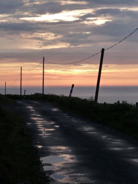 Islak yol, telgraf direkleri ve günbatımı bir gökyüzü