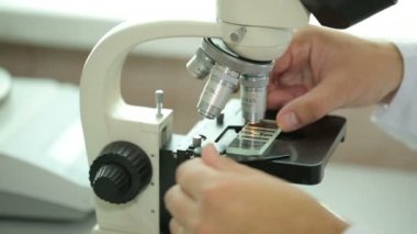 Mikroskop masanın üzerinde. Laboratuvarda araştırma. Adam plaka malzeme mikroskobu ayarlar. Kalite kontrol Laboratuvarı hammadde.