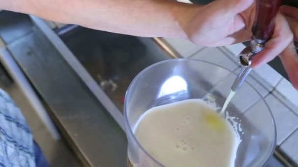 O barman serve uma cerveja de barris. Restaurante da cerveja. Pub. Muita cerveja. Cerveja derramada em uma torre de cerveja. Uma cerveja ligeira. Fresco. Bebida alcoólica. Espuma branca no topo . — Vídeo de Stock