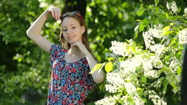 Jeune fille séduisante aux cheveux longs, posant au coucher du soleil dans la forêt . — Video