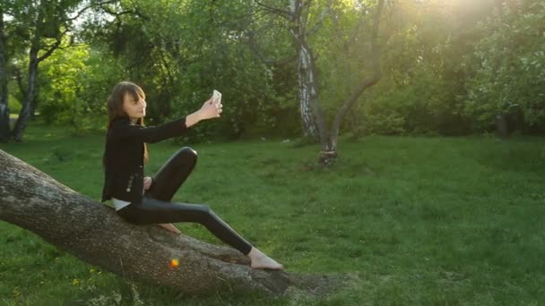 Vacker flicka att göra selfie på solnedgången vid trädet i skogen. — Stockvideo