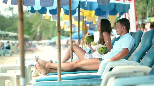 Attraktives Paar beim Anstoßen mit Kokosnuss, exotische Urlaube — Stockvideo
