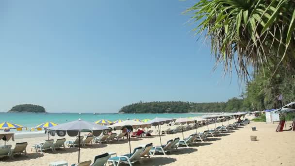 Kings Kupası yarışı. Kata beach, Phuket, Tayland. Yat ve plaj alanı güneş şemsiyeleri ile denizde. — Stok video