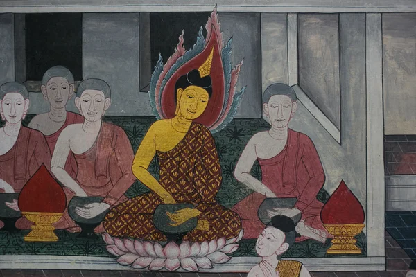 Antiques Thai style painting art about Buddha story in temple wall at Wat Pho — Stock Photo, Image