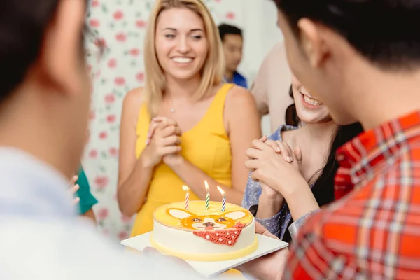 Happiness Moment Birthday Party Cake Candle Woman Friends Enjoy Smiling — Stockfoto