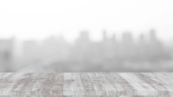 広告モンタージュのための屋外の背景をぼかす都市の建物と白い木製のテーブルの前面 — ストック写真
