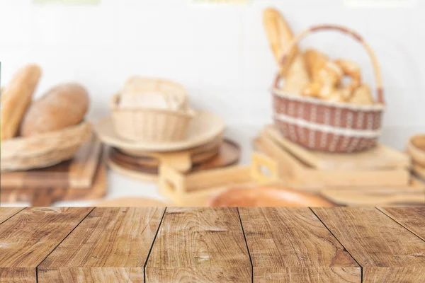 Sfocatura Cibo Panetteria Cucina Con Tavolo Legno Primo Piano Pubblicità — Foto Stock