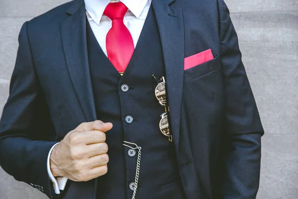 Gentle Uniform Stylish Tuxedo Luxury Suit Red Necktie Modern Groom — Stock Photo, Image