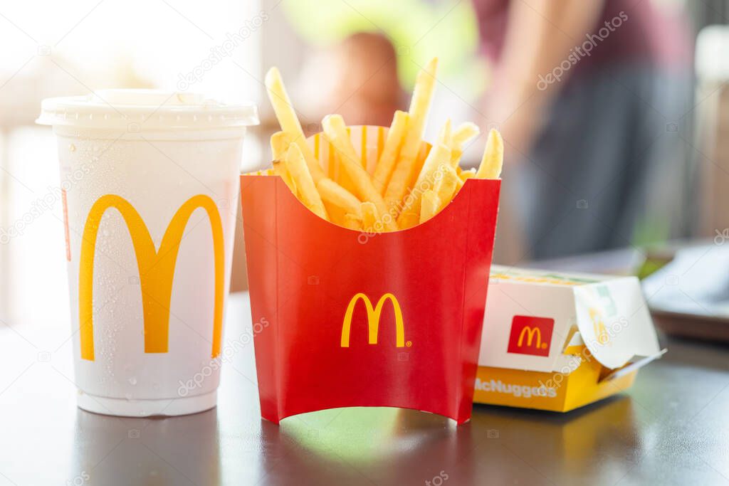 McDonald's French fries fastfood set, Most popular American style meal, McDonald's operates morethan 30,000 restaurants worldwide.30 December 2020, Bangkok, THAILAND.