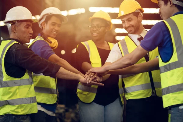 Engineer Teamwork Concept Worker Team Join Hands Together Factory People — Stock Photo, Image