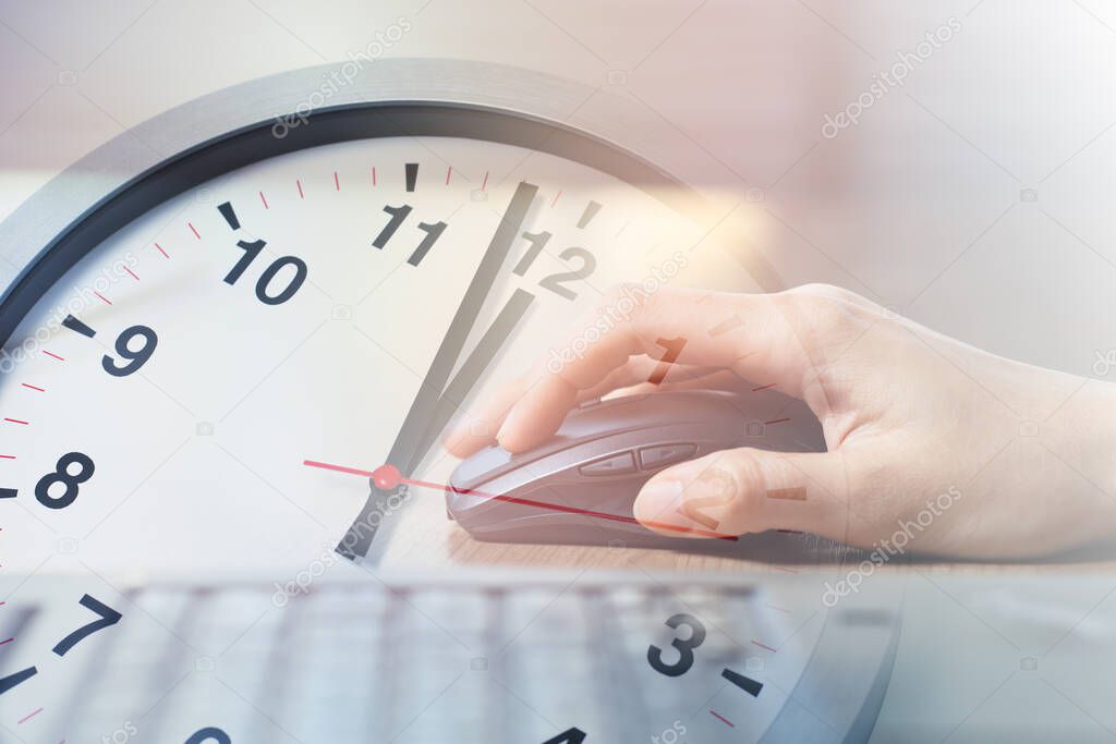 Closeup Business Woman Working with Laptop computer overlay with Afternoon Break Lunch Times Clock for Office Working Hours Concept