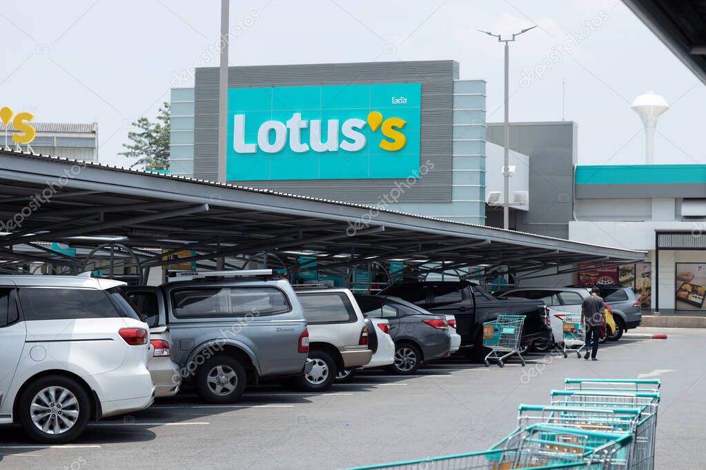 New Lotuss logo sign banner from old Tesco Lotus retail chain in Thailand operated by Charoen Pokphand (CP) Group.23 April 2021.Bangkok.THAILAND.