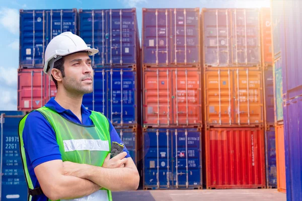 Trabalhador Pessoal Retrato Trabalha Transporte Porto Carga Para Indústria Exportação — Fotografia de Stock
