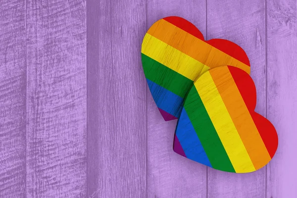 Lgbt Couple Lover Concept Two Heart Rainbow Colors Violet Wood — Stock Photo, Image