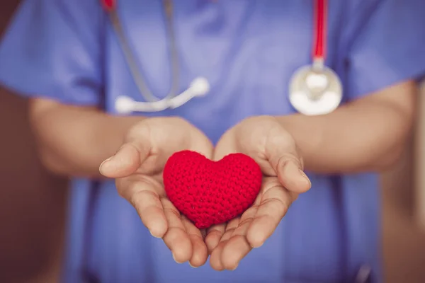 Doctor Nurse Hand Giving Red Heart Help Care Blood Donation — Stock Photo, Image