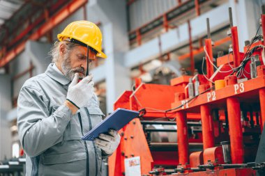 Profesyonel kıdemli sanayi işçisi koruyucu miğfer ve fabrikada üniforma servis makineleri, uzman mühendis teknisyen bakım ağır makine üretim hattı