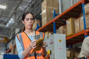 Warehouse factory engineer woman worker receive low salary counting money banknote stressed expression in pay day