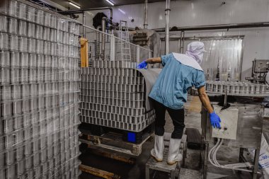 Konserve fabrikası, konserve fabrikası işçisi konserve konserve yiyecek konteynırını naklediyor.