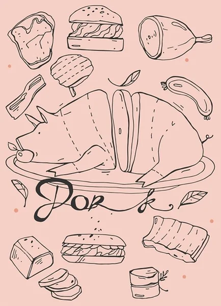 Hand tekenen verschillende gerechten van varkensvlees en een grote kat met een appel in de mond. — Stockvector