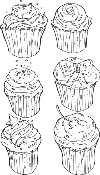 Ilustración de cupcakes en blanco y negro vectorial con crema, cereza y espolvoreos de azúcar.Elementos de diseño establecidos en estilo de dibujo a mano . — Vector de stock