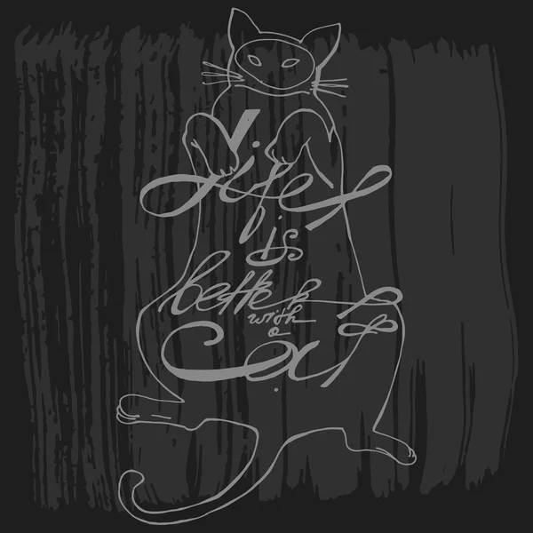 Mano dibujar vector lindo gato con texto - la vida es mejor con un gato, en su vientre. . — Archivo Imágenes Vectoriales