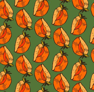 Vector hand painted  seamless pattern with persimmon, on green background. Perfect for wallpaper, wrapping paper, textile, package design.