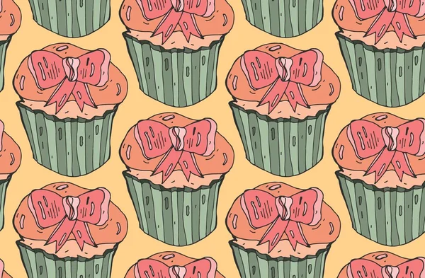 Cute vector seamless pattern n.Cupcake with pink bow on orange background.Hand painted illustration . — стоковый вектор