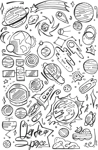 Nahtloses Muster mit Doodle-Space-Elementen. Vektor-Illustration mit handgezeichneten Doodle-Raumelementen für Tapete, Verpackung, Textildrucke, Bücher, Schule. — Stockvektor
